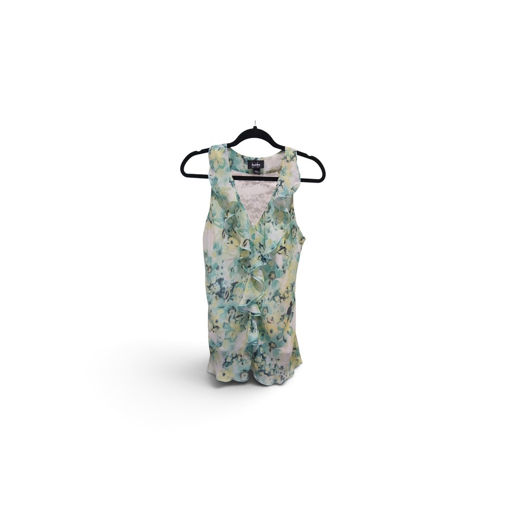 By & By Women Floral Ruffle Sleeveless Blouse Green Yellow Lace Back L